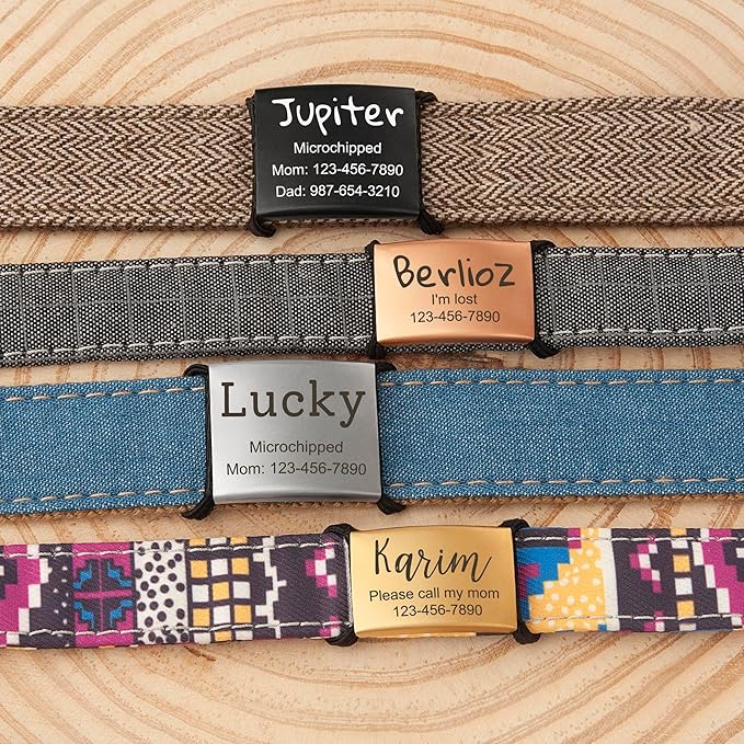 Anavia Slide On Silent Pet ID Tags, S/M/L/XL Personalized Stainless Steel Cat Dog Tag with Elastic Fabric Band, Engraved Nameplate Quiet Chew-Proof Pet Collar Tag (Silver, Large)