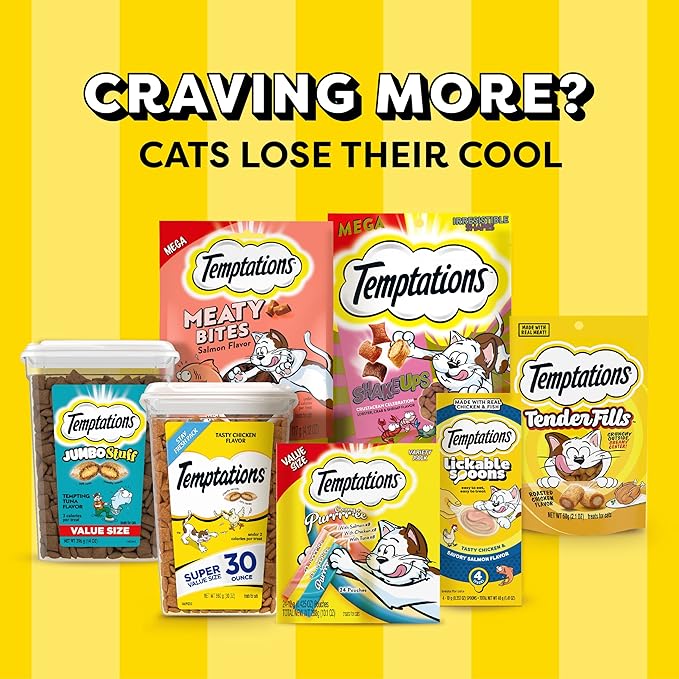 Temptations Jumbo Stuffed Cat Treats, Crunchy and Soft Cat Treats, Tasty Chicken Flavor, 2.5 oz. Pouch (Pack of 12)
