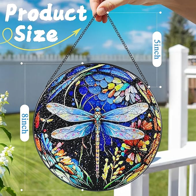 8 Inch Stained Glass Suncatcher Ornament, DOUHASU Dragonfly Sun Catchers Indoor Window, Stained Glass Window Hanging, Home Decor, Dragonfly Lovers Gifts for Women, Mom, Grandma, Friend