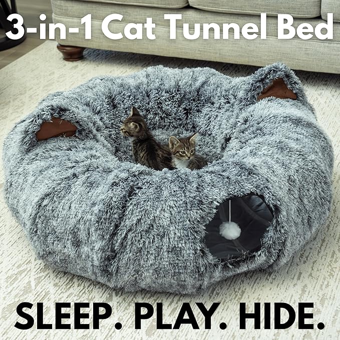 Purr & Paw Co. XL Plush Cat Tunnel Bed with Toy and Elderly Feline Access. 3-in-1 Light Grey Fluffy Donut Cushion with Ears. Circle Tube for Indoor Cats Leisure, Hiding Spot, Dog Bed, or Rabbit Cave