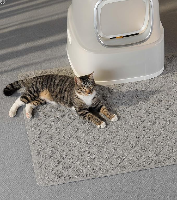 Conlun Cat Litter Mat Litter Trapping Mat, 47” x 35” Premium Durable PVC Cat Litter Box Mat with Scatter Control, Non-Slip, Less Waste Kitty Litter Mat, Soft on Kitty’s Paws, Urine Waterproof, Grey