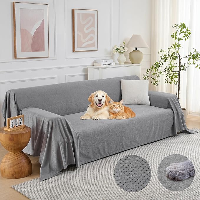 PuTian Couch Cover for Dogs - Waterproof Anti-Scratch Washable Non Slip 3 Cushion Cover Blanket L Shaped Recliner Sectional Arm Chair Sofa Slipcover for Pet Cats Kids, 71''X118'' Boho Grey