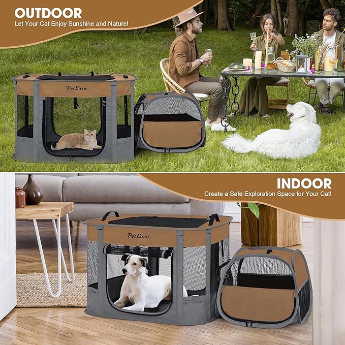Portable 2-in-1 Dog playpen, Outdoor Cat Playpen with Litter Box Area for Indoor Cats Enclosed Rabbit Puppy Hamster, Indoor/Outdoor Cats Enclosure Cages Tent Tent (Brown)