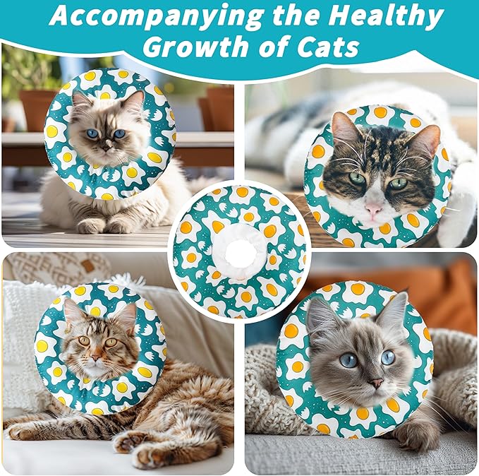 Soft Cat Cone Collar, Cute Cats Recovery Collar Suitable for Small, Medium, Large cat,Elizabethan Neck Collar for Cats After Surgery (Poached Egg, Medium)