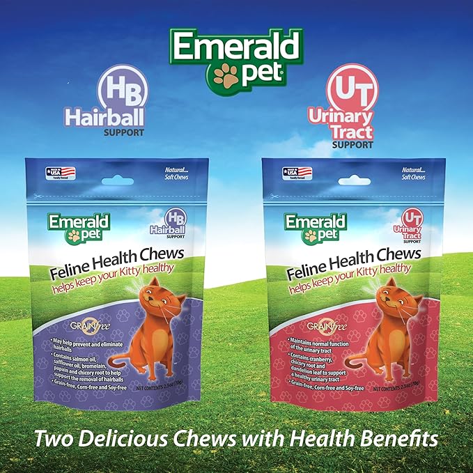 Emerald Pet Feline Health Chews UT Support — Natural Grain Free Urinary Tract Health Cat Chews — Cat Urinary Supplements with Cranberry, Chicory Root, and Dandelion Leaf Extract — Made in USA, 2.5 oz