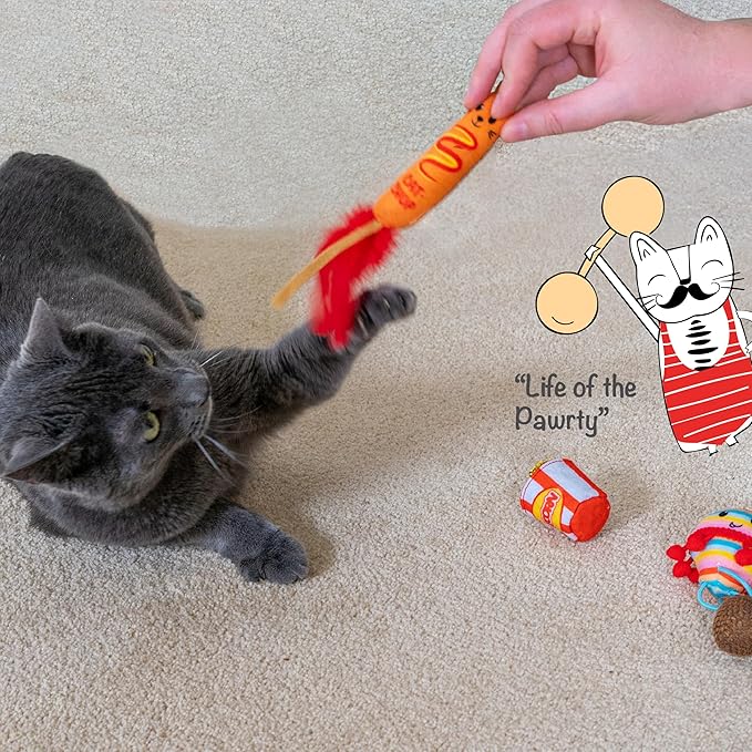 Catstages Pawrty Cat Toys, 3-Pack Catnip Plush Toys with Crinkle, Feathers & Flinger, Multicolored