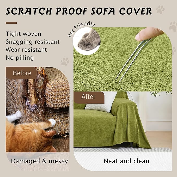 PuTian Couch Cover for Dogs - Waterproof Anti-Scratch Washable Non Slip 3 Cushion Cover Blanket L Shaped Recliner Sectional Arm Chair Sofa Slipcover for Pet Cats Kids, 71''X134'' Boho Green