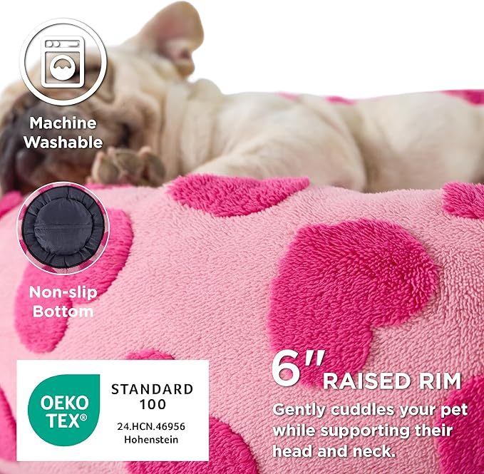 LE SURE Donut Small Dog Bed - Round Cat Beds Indoor Calming Valentine's Day Gift for Pets, Washable Cute Modern Home Decor Beds with Jacquard Shaggy Plush & Anti Slip Bottom, 20 Inch, Lover Hearts