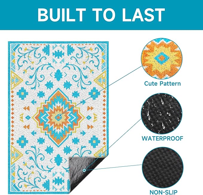 Cat Litter Mat, 35" x 23" Litter Box mat, Traps 100% Litter, Non-Slip Kitty Litter Trapping mats, Large Cute Litter mat, Easy Clean for Scatter Control, Bohe cat Food mat, Urine Waterproof