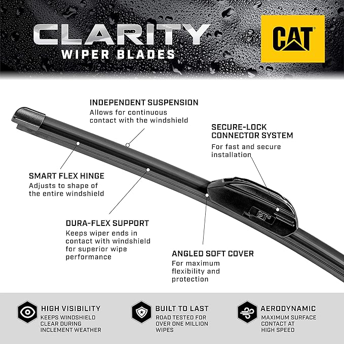 CAT Clarity Wiper Blades (2-Pack), Premium Performance Direct OEM Replacement, Universal Fit Front Windshield Wiper Blades, Durable Streak-Free Spotless Silent Easy Installation - 19" + 16"