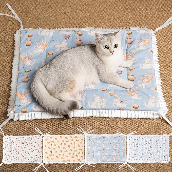 Reversible Silent Cat Bed Self Warming Pet Pad Thin Style Mat Washable Cushion Pad, Pad for Window Perch Outdoor Cat Houses, for Cats, Small Dogs, Rabbits, Non Electric,(Blue Kitten,M)