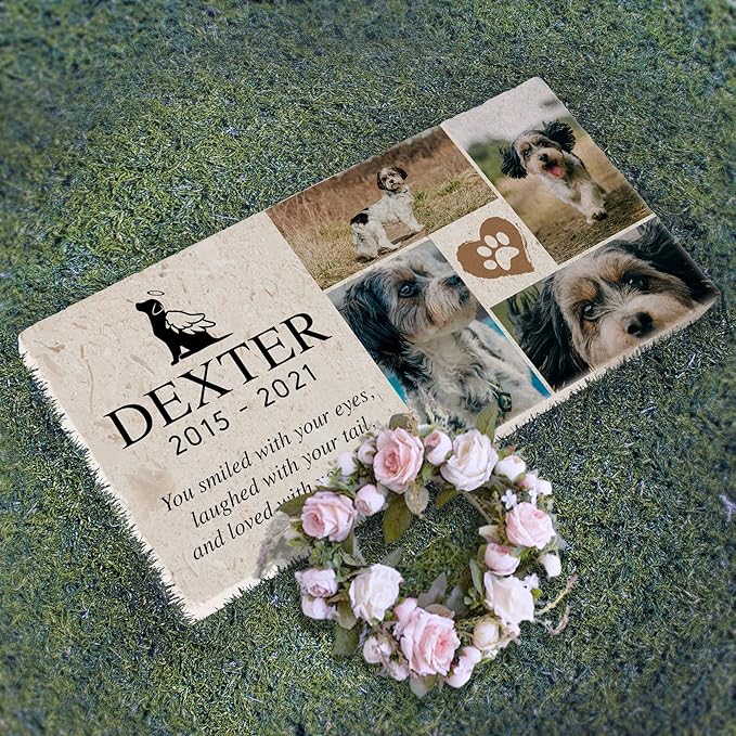 Personalized Pet Memorial with Keepsake Photo on Limestone - Headstones, Garden Stones, and Grave Markers for Dogs - Dog Memorial Stone, Pet Memorial Gifts - 12”x 6”x1.25" (A. Dexter Design)
