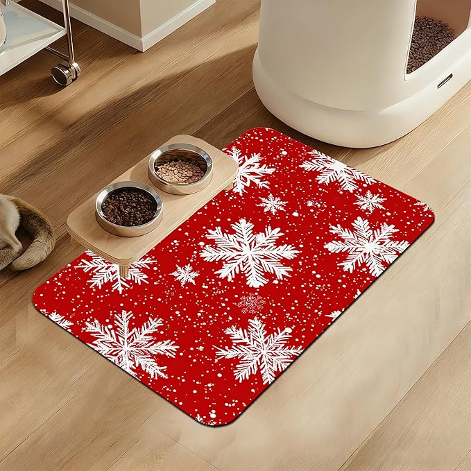 Chirtsmas Snow Flower Pet Food Mat for Cats and Dogs–Absorbent Quick Dry Feeding Placemat, Non Slip Rubber Base, Waterproof Bowl Mat for Indoor Use, Pet Supplies 12"x20"