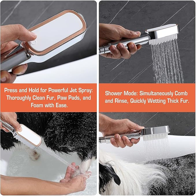 Dog Shower Attachment Kit with Handheld Sprayer – 8FT Flexible Stainless Steel Hose +Shower Arm Diverter – High Pressure Pet Bath Wand for Medium & Large Dogs, Long Thick Coat, Indoor All-Year Use