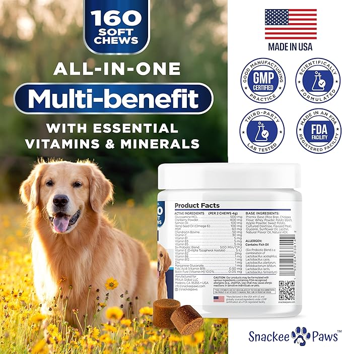 Dog Multivitamin Chewable with Glucosamine - Dog Vitamins and Supplements - 160 Treats - Multivitamin for Dogs - Hip & Joint Support - Immune Health, Skin, Heart, Digestion, Probiotics