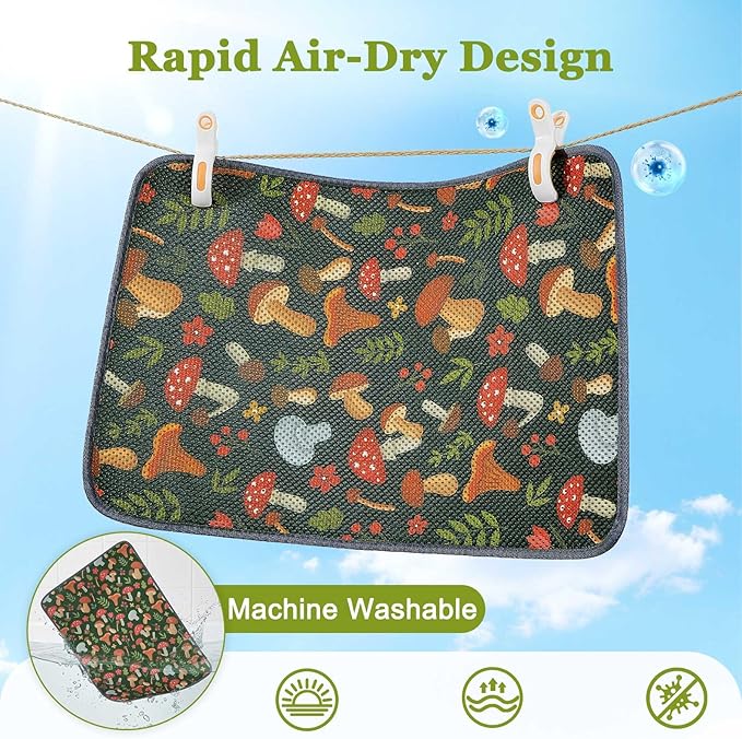 Unicorn Catcher 24X15in Cat Litter Mat Machine Washable Soft 3D Air Mesh Litter Box Rug Non-Slip Backing Quick Dry Scatter Control for Paws,Green Mushrooms