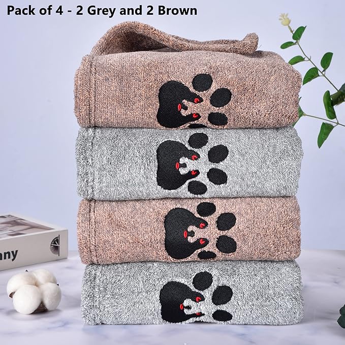 Dog Towel - Pack of 4 - Super Absorbent Soft Microfiber Pet Bath Grooming Towels for Drying Dogs and Other Pets (M-36" * 28", 2Grey and 2Brown)