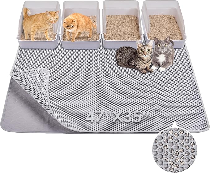 BurgeonNest Cat Litter Mat 47" x 35" Upgraded Felt & Fabric Material Cat Trapping Mat for Fewer Creases, Extra Large Hold 3-4 Litter Boxes Urine-Proof Non Slip, Machine Washable, Soft on Paws, Grey