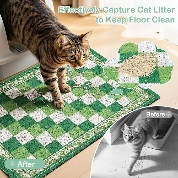 Bienbee Cat Litter Mat, 33" x 22" Waterproof Litter Box Mat Litters Rug with Non-Slip Bottom, Easy to Clean Litter Trapping Mat for Cat,Green Checkerboard L