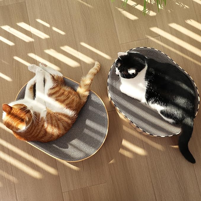 FUKUMARU Cat Scratcher Cardboard Lounge Bed, 2-in-1 Cat Scratch Pad, Oval Cats Scratching Board Indoor, Durable Modern Kitty Scratcher Bowl, Cats Scratch Furniture Protector, Wood Color