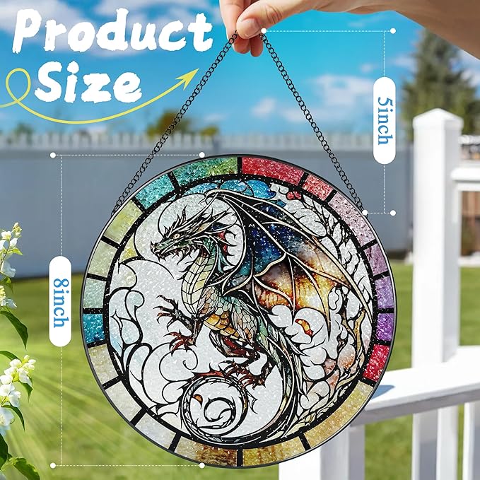 8 Inch Stained Glass Suncatcher Ornament, DOUHASU Dragon Sun Catchers Indoor Window, Stained Glass Window Hanging, Home Decor, Dragon Lovers Gifts for Men, Dad, Husband, Boyfriend