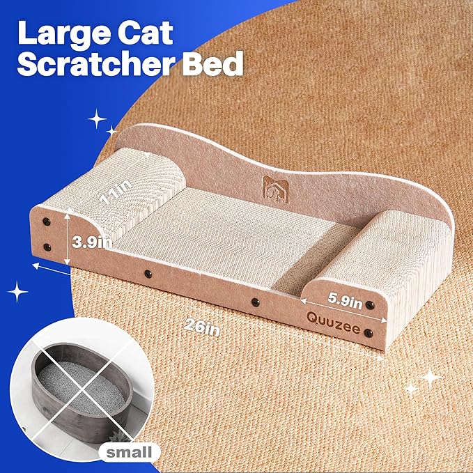 26-Inch Large Cat Scratcher Lounger Bed, Durable Cat Scratching Pad, Cat Scratch Board for Indoor Cats, Corrugated Cardboard Cat Scratcher Bed to Lounge and Scratch, Furniture Protector, Beige