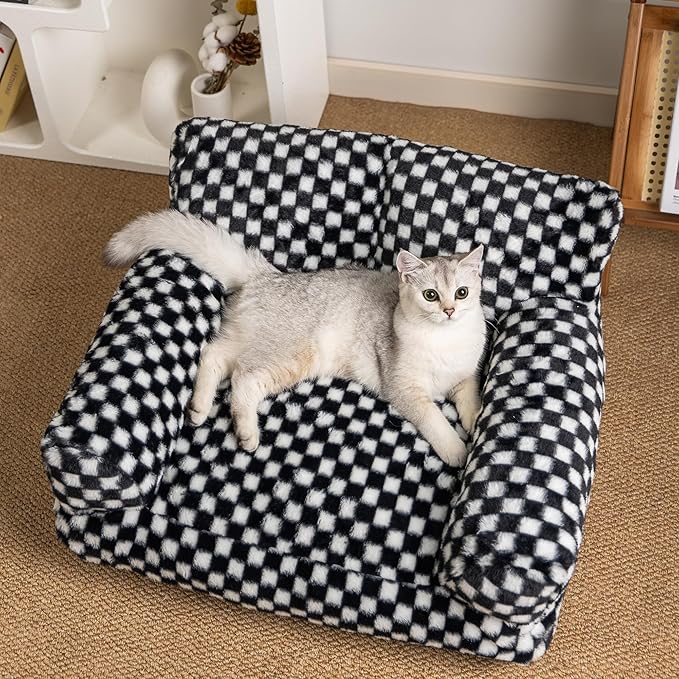 Faux Fur Cat & Dog Sofa Cat Couch Mini Cat Bed Indoor Human Style Pet Sofa, Modern Pet Furniture for Cats, Washable ＆ Removable Cover, for Cats and Small Medium Dogs (Black/White, Large(30X21 inch))