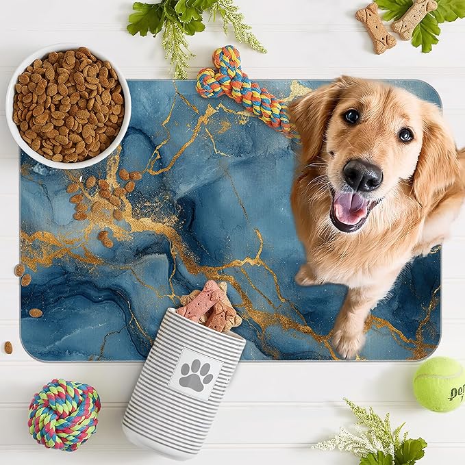 Marble Pet Feeding Mat,Blue Gold Marble Absorbent Quick-Dry Cat Dog Food and Water Bowl Mats,Non-Slip Rubber Backing Mat,Cat Dog Accessories Supplies 16"x24"