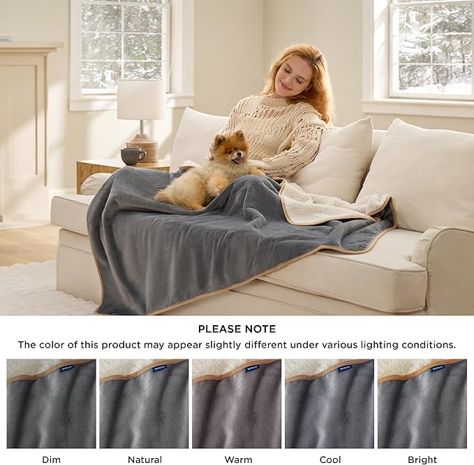 Bedsure Waterproof Blanket for Bed - Sherpa Fleece Waterproof Dog Blankets for Large Dogs, Pet Blankets for Bed/Couch, Soft Plush Reversible Furniture Protector, Queen Size, 90"x86", Grey
