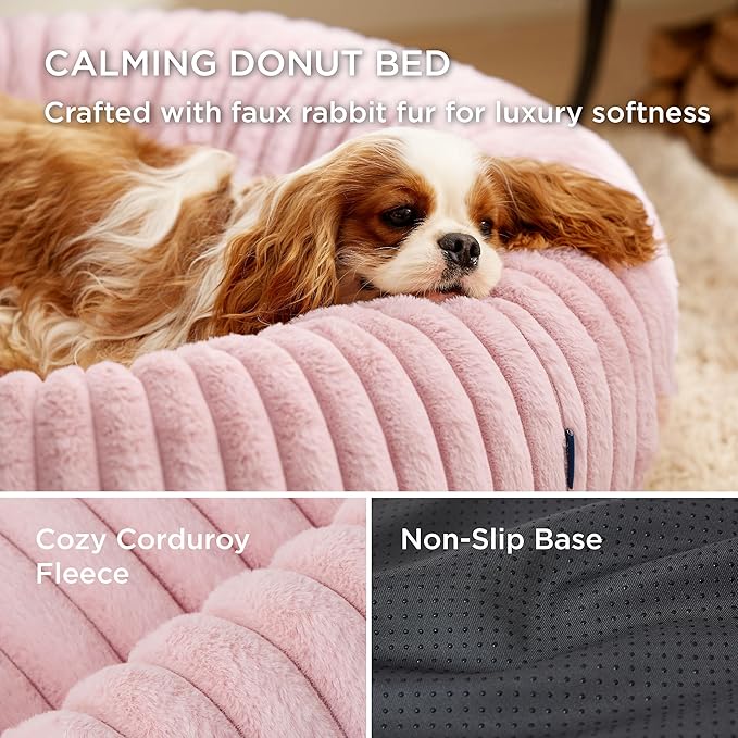 Bedsure ComfyFleece Cat beds for Indoor Cats - Donut Dog Beds for Small Dogs with Corduroy Fleece & Anti Slip Bottom, Faux Fur Pet Beds with Washable Removable Cover, Blush Pink, 20x20x6 inches