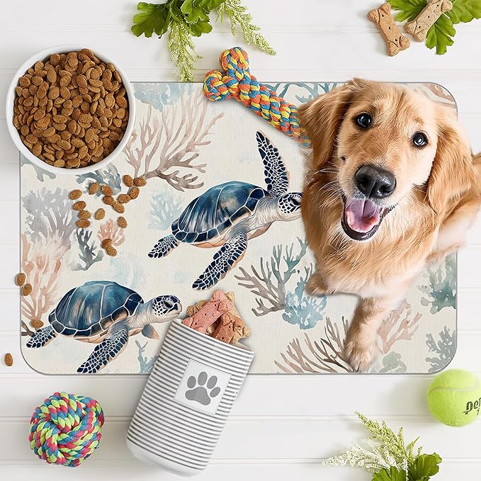 Turtle Dog Cat Food Mat,Coral Absorbent Pet Feeding Mat for Food and Water,Non-Slip Dog Bowl Mats Floor Protector 12"x20"