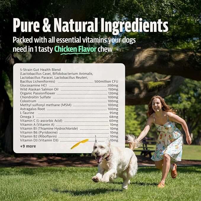 25-in-1 Dog Multivitamin with Omega 3, Glucosamine, Probiotics - Dog Vitamins and Supplements for Hip & Joint, Calming, Allergy Relief, Digestive & Immune Support - 100 Soft Chews, 250g