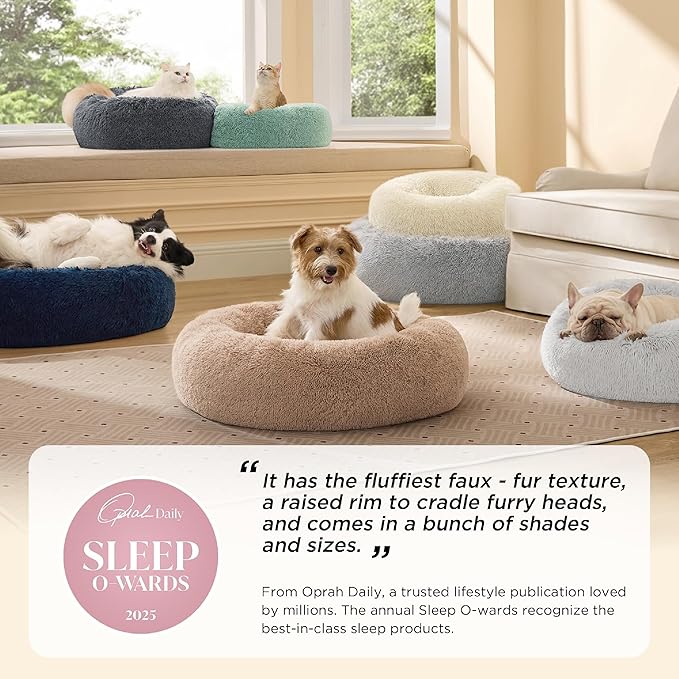 Bedsure Calming Cat Beds for Indoor Cats - Small Cat Bed Washable 20 inches, Anti-Slip Round Fluffy Plush Faux Fur Pet Bed, Fits up to 15 lbs Pets, Pale Grey