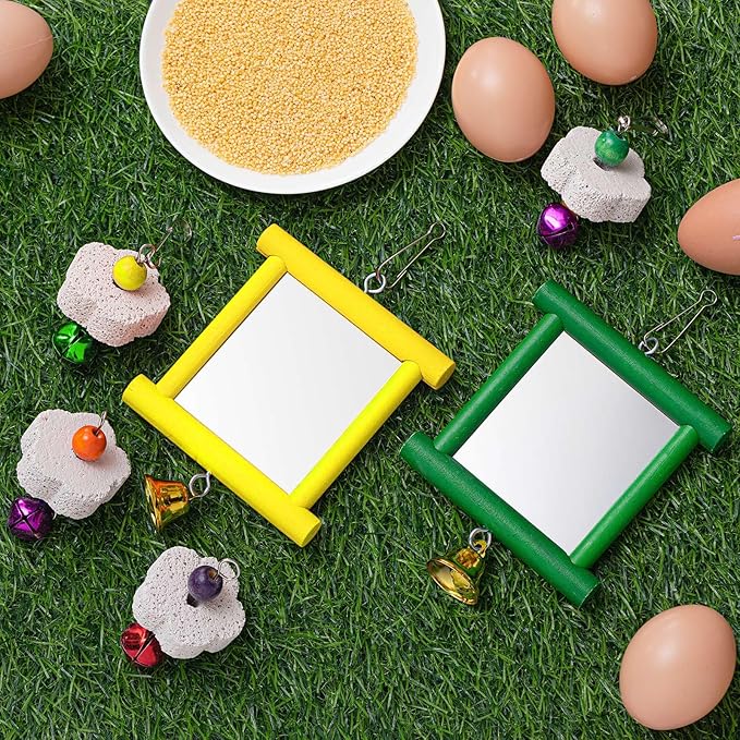 Sumind 2 Pieces Chicken Mirror Toys Hanging Swing Mirror with Bell Wooden Pecking Toy and 4 Pieces Beak Grinding Molar Stones for Hens Birds Parrots(Yellow,Green)