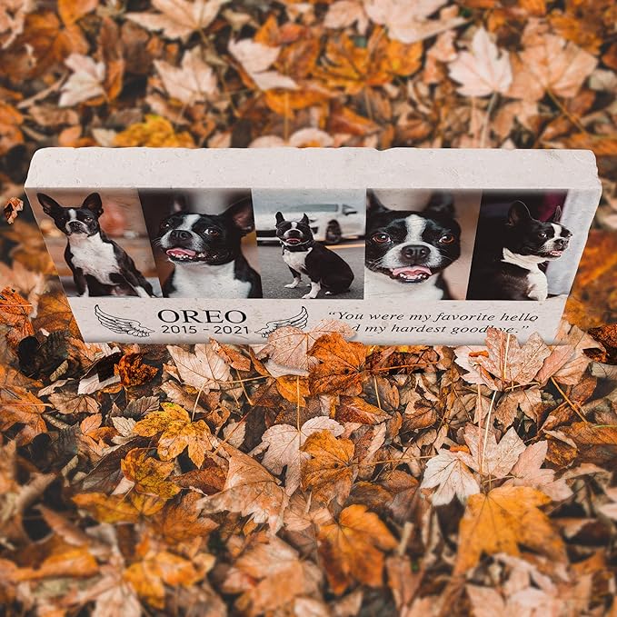 Custom Dog Memorial Stone, Personalized Pet Headstones for Dogs, Outdoor Pet Grave Markers with Photo Print and Text, Loss of Pet Sympathy Gift, 12”x6”x1.25" Pet Grave Stone (B. Oreo Design)