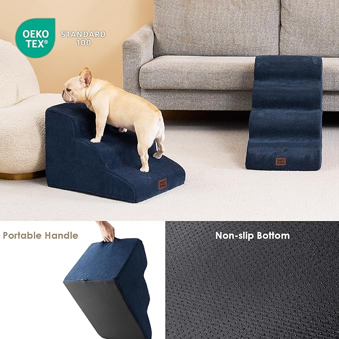 EHEYCIGA Curved Dog Stairs Ramp for Small Dogs 15.7" H, 3-Step Dog Steps for Couch Sofa and Chair, Pet Stairs for Cats, Non-Slip Balanced Pet Steps Indoor, Navy