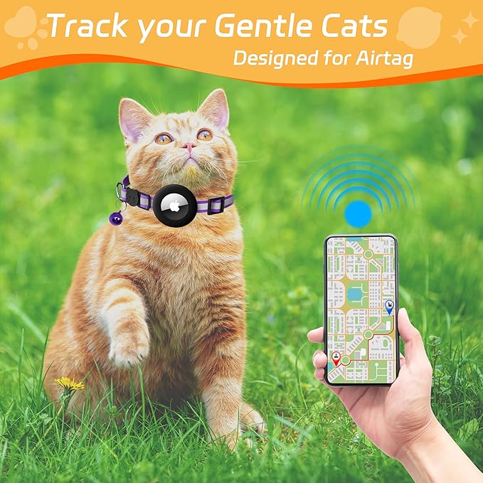 Cat Collar with Air Tag Holder, Reflective Kitten Collar with Bell, Breakaway Airtag Cat Collar for Boys Girls Cats, GPS Tracker for Cats 0.4’’ Width Adjustable Safe Kitty Collar, Light Purple