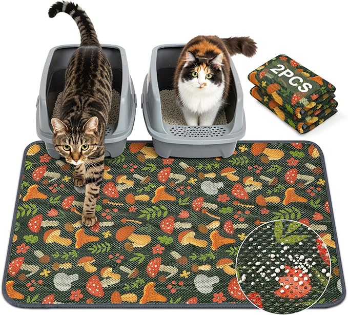 Unicorn Catcher 33X22in 2packCat Litter Mat Machine Washable Soft 3D Air Mesh Litter Box Rug Non-Slip Backing Quick Dry Scatter Control for Paws,Green Mushrooms