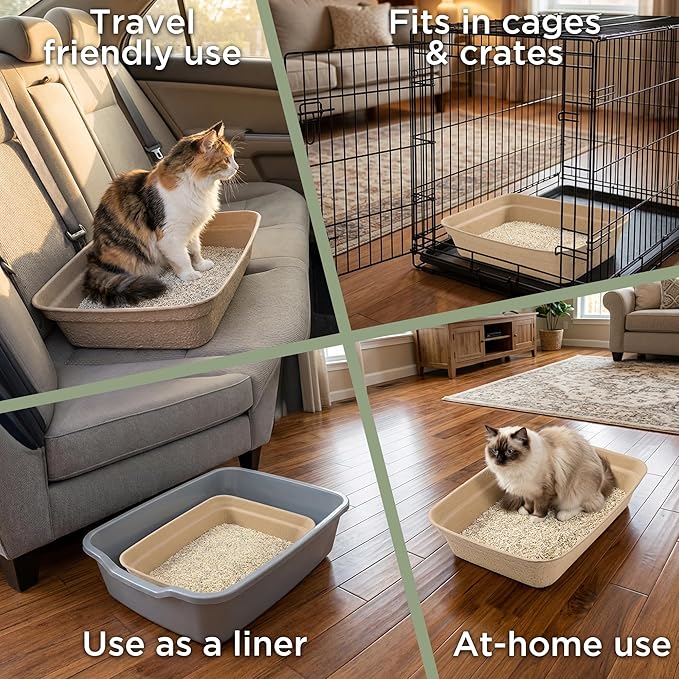 EcoVerde Pets & Co. Disposable Cat Litter Boxes 4-Pack, Large 18.1” x 13.2” x 3.9”, Leak-Resistant Recycled Paper Tray for Indoor or Travel Use