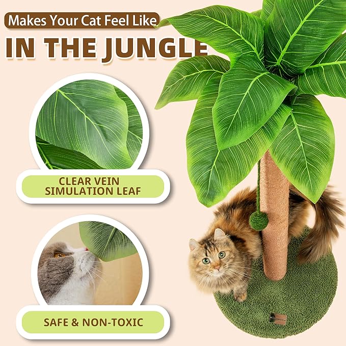 Meowoou Cat Scratching Post with Hanging Ball,23.6 inch Tall Cute Cat Toys for Indoor Cats with Sisal Rope,Palm Decor Cat Tree Tower for Kitten Scratcher Green