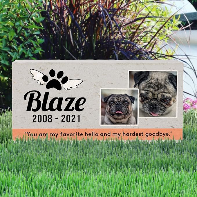 Personalized Pet Memorial with Keepsake Photo on Limestone - Headstones, Garden Stones, and Grave Markers for Dogs - Dog Memorial Stone, Pet Memorial Gifts - 12”x 6”x1.25" C (C. Blaze Design)