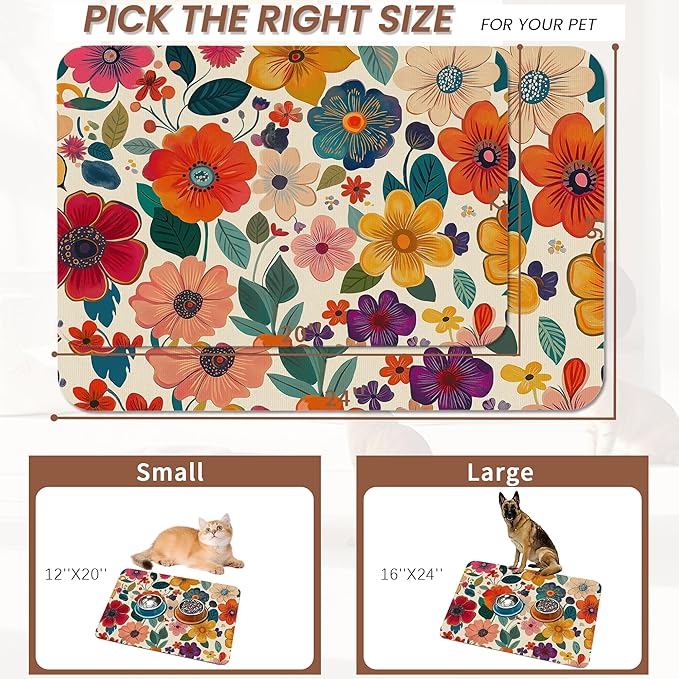 Floral White Dog Food Mat for Floors,Boho Absorbent Quick-Dry Pet Feeding Mat,Cat Dog Bowl Mats for Food and Water,Non-Slip Pet Accessories Supplies 16"x24"
