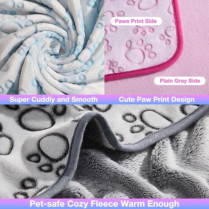 Stuffed 3pcs Colorful Soft Dog Blankets for Small Dogs Kittens, Washable Cat Blanket for Puppy Boys Gilrs, Dog Owner Gifts, 16 * 24 inches Grey Pink Blue Paw Print
