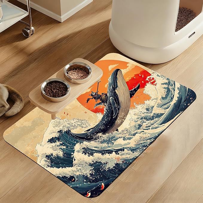 Wave Cat Dog Food Mat,Christmas Stocking Ukiyo-e Whale Absorbent Quick Dry Feeding Placemat for Food and Water Bowls, Non Slip Rubber Backing, Waterproof Pet Supplies for Mess-Free Eating 16"x24"