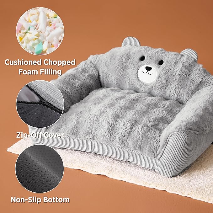 LE SURE Cute Cat Couch for Pets - Fluffy Original Bear Design for Small Dog Bed, Supportive Dog Couch with Removable Washable Cover, Puppy Bed for Small and Medium Dogs, 28inch, Pastel Grey