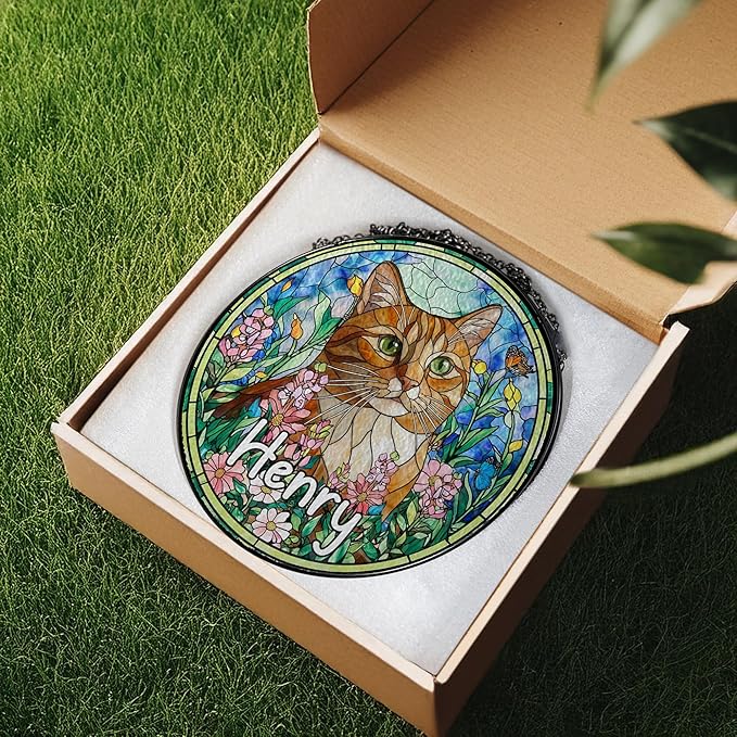Custom Cat Portrait Art Suncatcher Stained Glass Remembrance Gift Dog Indoor Decor Window Hanging Dog Cat Bereavement Keepsake Loss of Pet Sympathy with Name Date Portrait Gifts