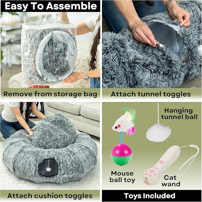 Purr & Paw Co. XL Plush Cat Tunnel Bed with Toy and Elderly Feline Access. 3-in-1 Light Grey Fluffy Donut Cushion with Ears. Circle Tube for Indoor Cats Leisure, Hiding Spot, Dog Bed, or Rabbit Cave