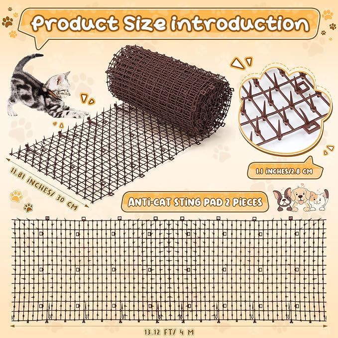 Sanwuta 2 Pcs 26.3 ft Cat Spike Mat Outdoor Cat Deterrent Mat with Spikes Prickle Strips Indoor Dog Digging Deterrent Anti Network Spikes with 10 Staples for Garden Fence(Brown)