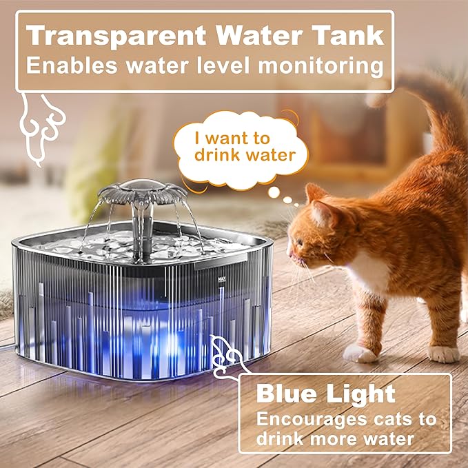 Cat Water Fountain Stainless Steel:77oz/2.2L water fountains for cats indoor - cat water fountain for Drinking -Automatic Cat Watering Bowl Dispenser -Pet Water Fountain Inside with Flower Kitty Spout