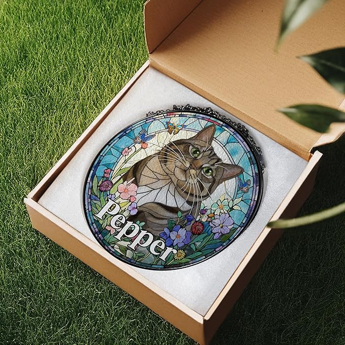 Custom Cat Dog Portrait Art Suncatcher Stained Glass Window Hanging Remembrance Gift Indoor Decor Dog Bereavement Keepsake Loss of Pet Sympathy with Name Date Portrait